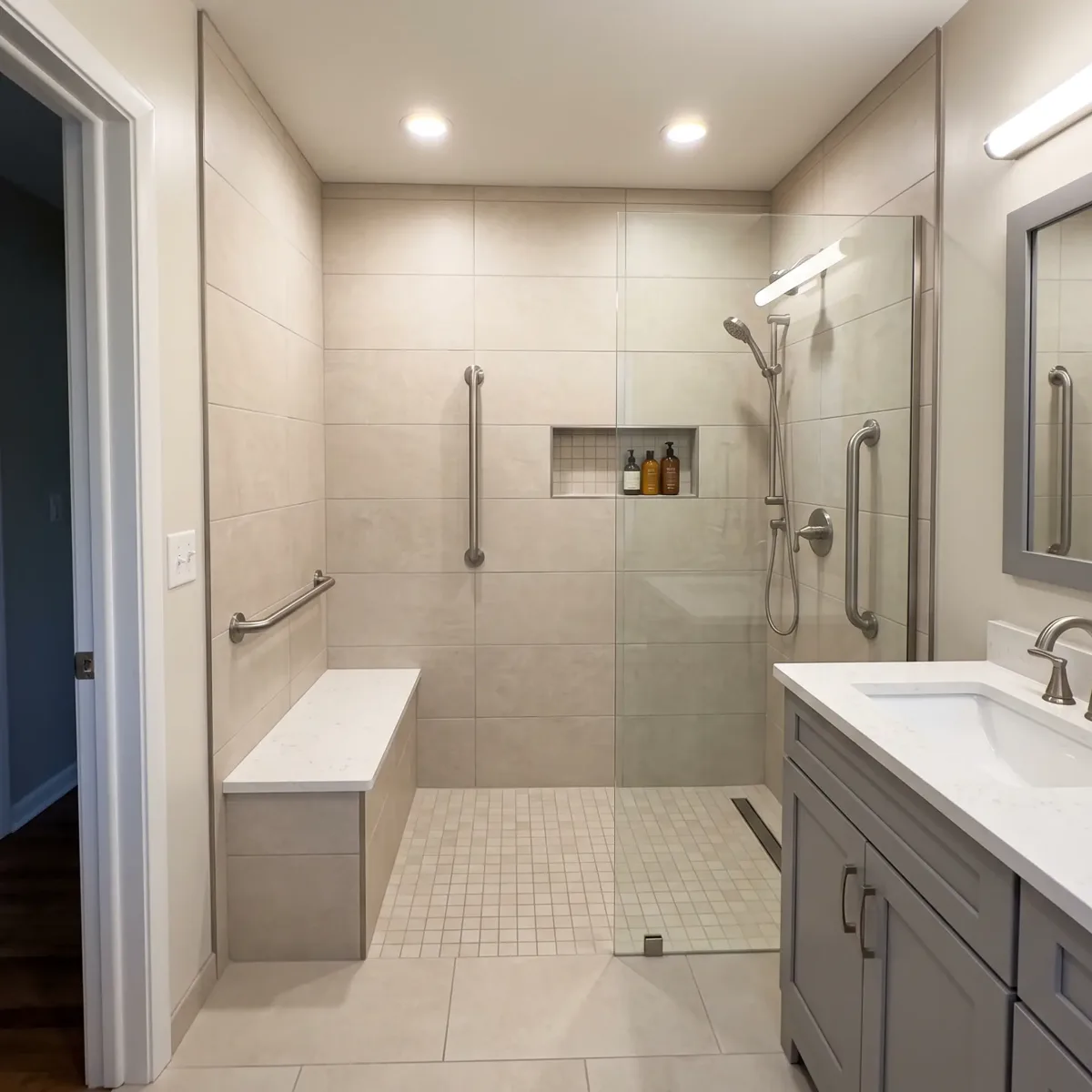Walk-in shower with bench, grab bars and glass panel